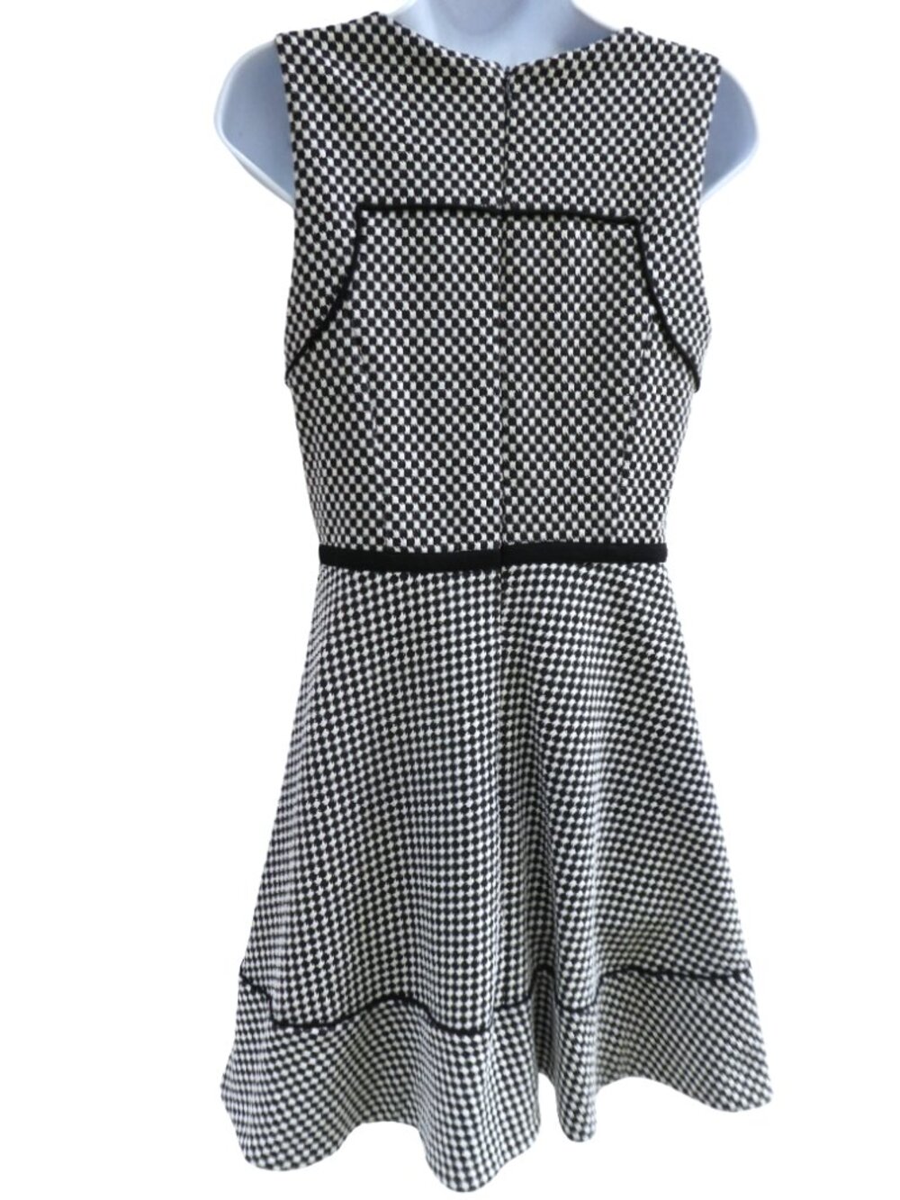 Vintage Oleg Cassini Monochromatic Check Fit & Flare Dress Black Piping Zip Back - Picture 3 of 7